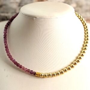 Natural Pink Thulite Beads With Gold Beads In Half And Half Choker/Necklace